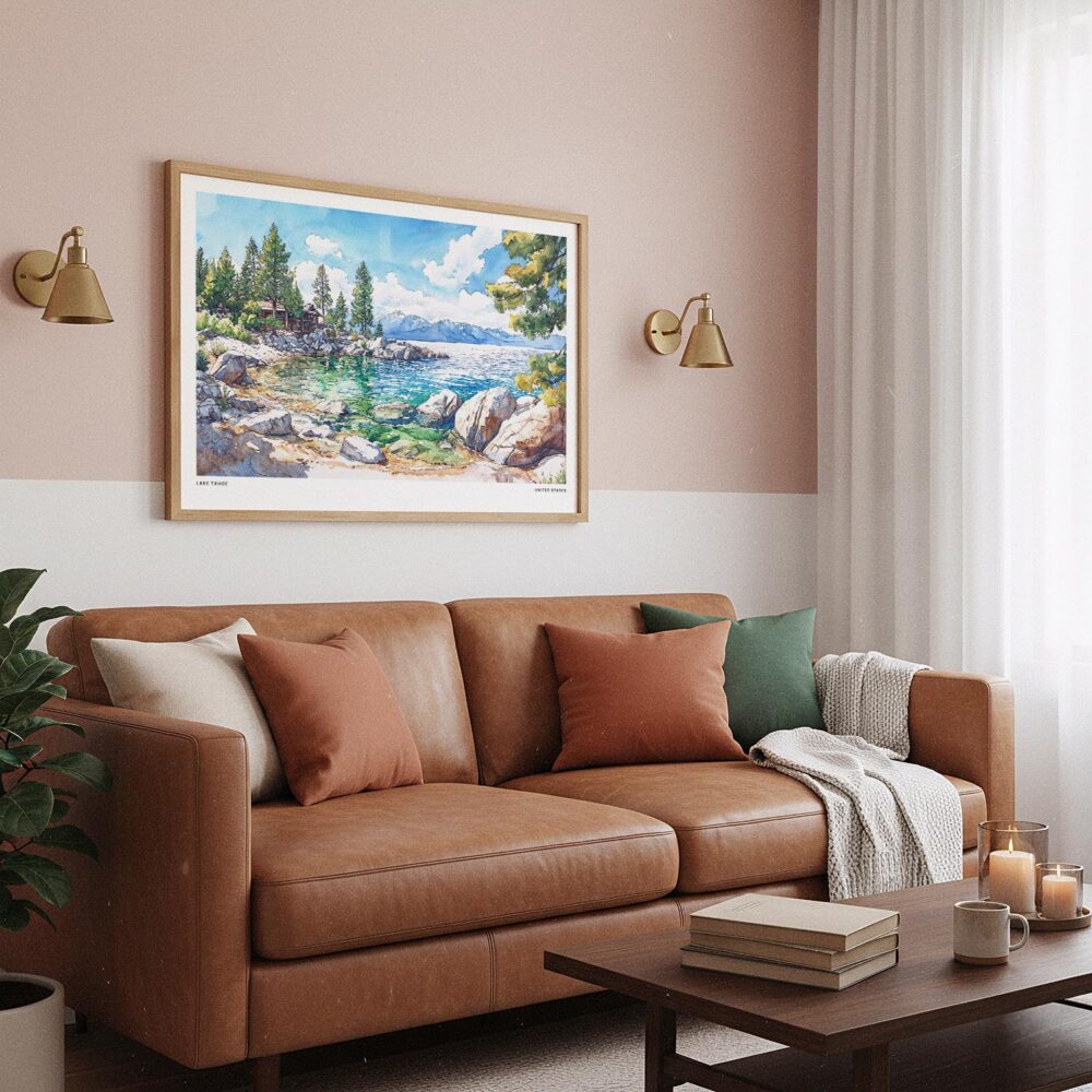 03 - Framed Lake Tahoe Watercolor - Horizontal Art Print hanging in Boho Living Room.jpg 03 - Framed Lake Tahoe Watercolor - Horizontal Art Print hanging in Boho Living Room.jpg