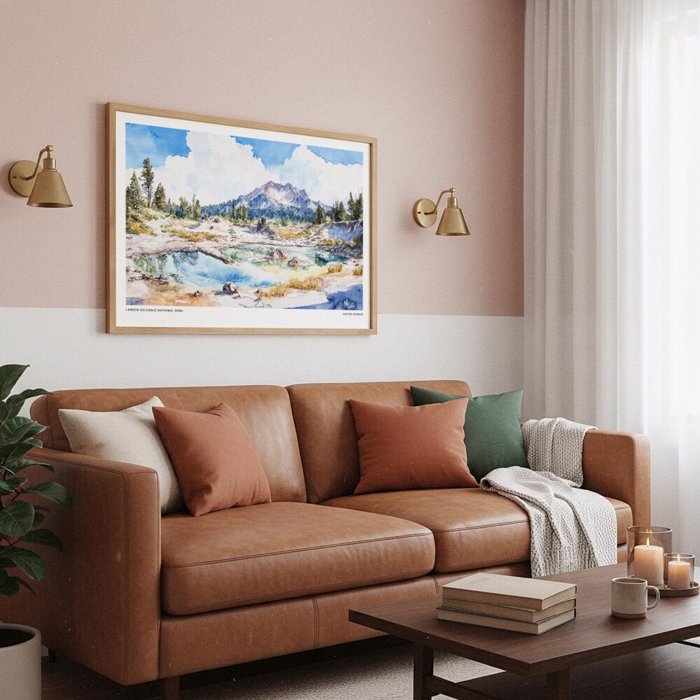 03 - Framed Lassen Volcanic National Park Watercolor - Horizontal Art Print hanging in Boho Living Room.jpg 03 - Framed Lassen Volcanic National Park Watercolor - Horizontal Art Print hanging in Boho Living Room.jpg