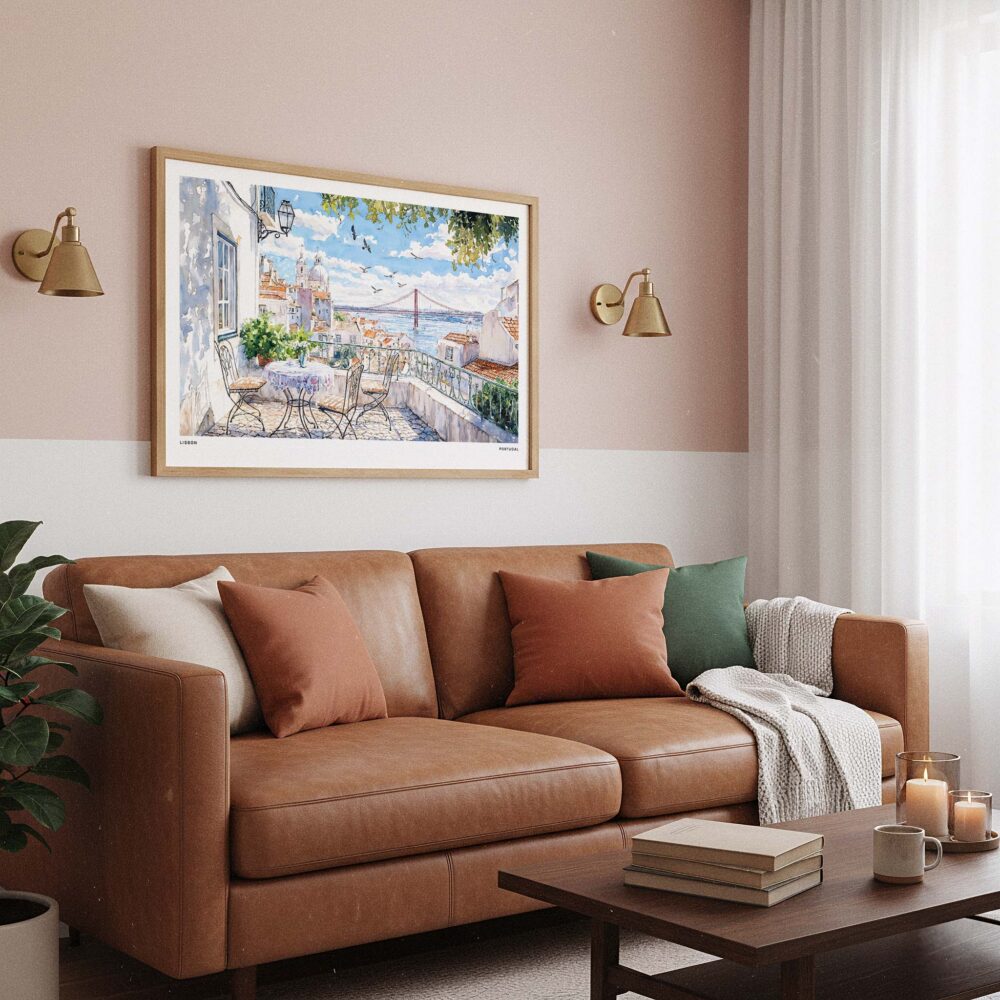 03 - Framed Lisbon Portugal Watercolor Art - Horizontal Art Print hanging in Boho Living Room.jpg 03 - Framed Lisbon Portugal Watercolor Art - Horizontal Art Print hanging in Boho Living Room.jpg