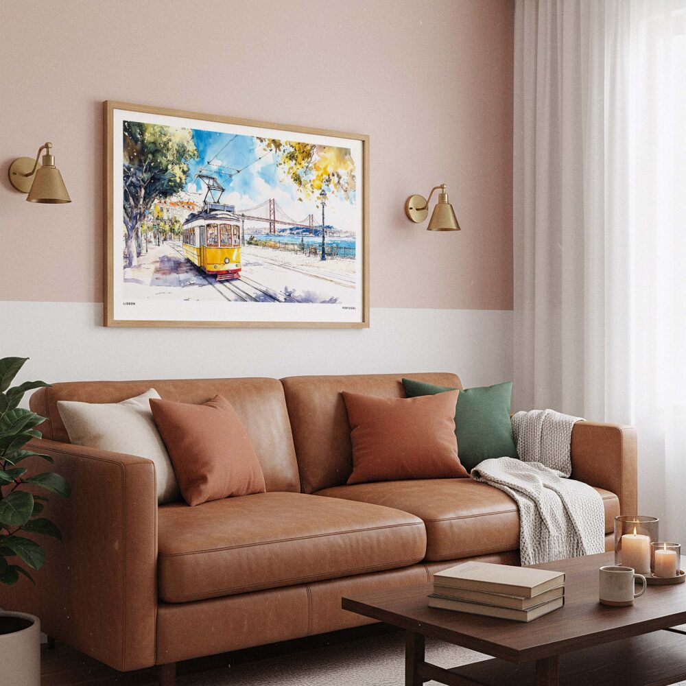 03 - Framed Lisbon Portugal Yellow Tram Watercolor Art - Horizontal Art Print hanging in Boho Living Room - Horizontal.jpg 03 - Framed Lisbon Portugal Yellow Tram Watercolor Art - Horizontal Art Print hanging in Boho Living Room - Horizontal.jpg