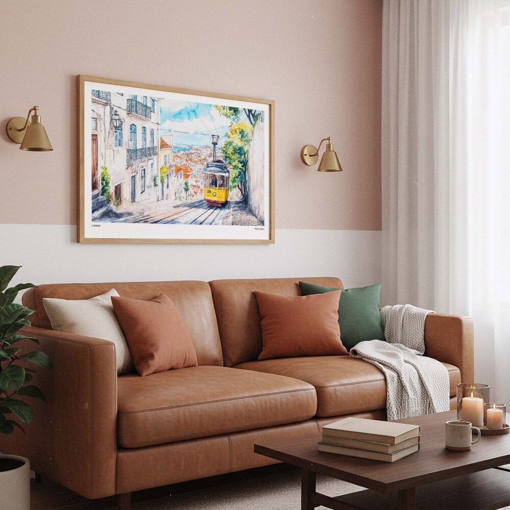03 - Framed Lisbon Tram 28 Watercolor Art - Horizontal Art Print hanging in Boho Living Room - Horizontal.jpg 03 - Framed Lisbon Tram 28 Watercolor Art - Horizontal Art Print hanging in Boho Living Room - Horizontal.jpg