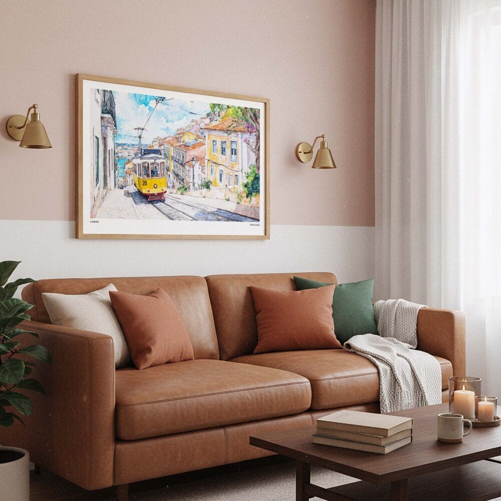 03 - Framed Lisbon Watercolor Art - Horizontal Art Print hanging in Boho Living Room - Horizontal.jpg 03 - Framed Lisbon Watercolor Art - Horizontal Art Print hanging in Boho Living Room - Horizontal.jpg