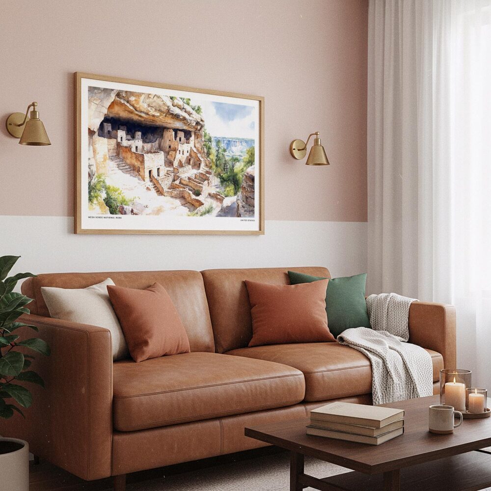 03 - Framed Mesa Verde National Park Watercolor - Horizontal Art Print hanging in Boho Living Room.jpg 03 - Framed Mesa Verde National Park Watercolor - Horizontal Art Print hanging in Boho Living Room.jpg