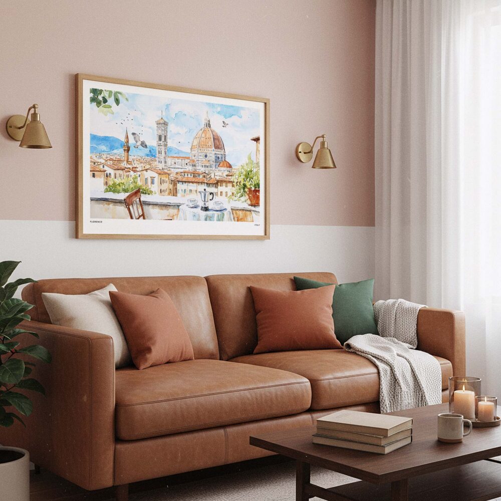 03 - Framed Morning Coffee in Florence Italy with Cathedral Watercolor Art - Horizontal Art Print hanging in Boho Living Room.jpg 03 - Framed Morning Coffee in Florence Italy with Cathedral Watercolor Art - Horizontal Art Print hanging in Boho Living Room.jpg