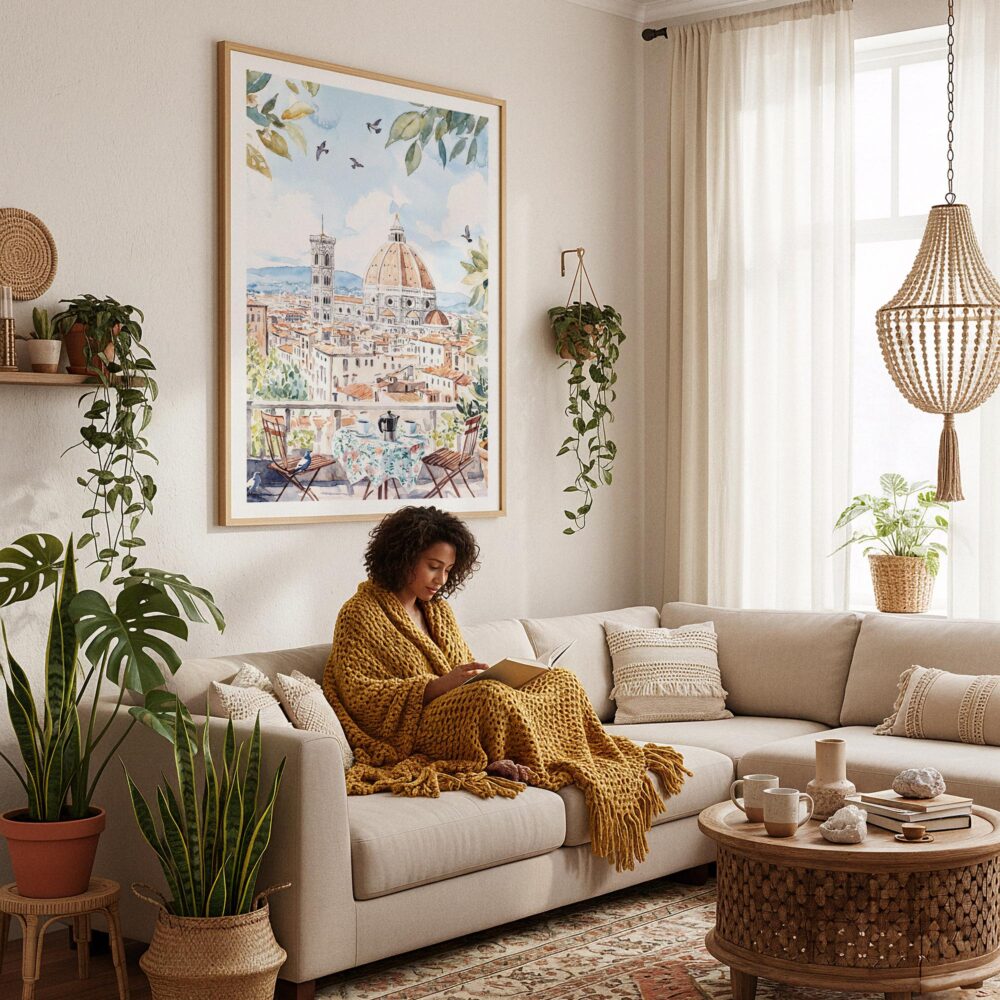 03 - Framed Morning Coffee in Florence Watercolor Art Print - In Bohi Living Room with Woman reading - Vertical.jpg 03 - Framed Morning Coffee in Florence Watercolor Art Print - In Bohi Living Room with Woman reading - Vertical.jpg