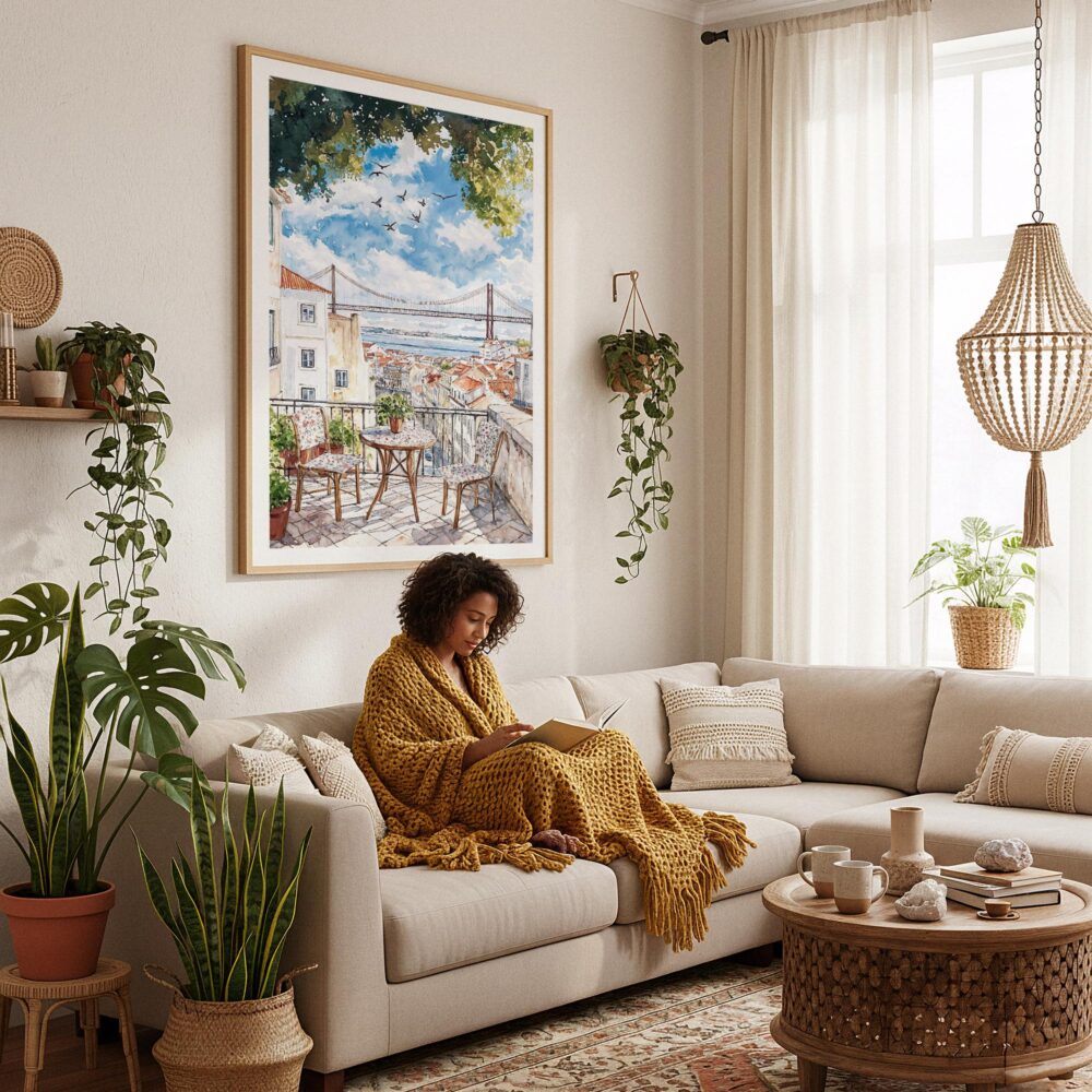 03 - Framed Morning Coffee in Lisbon Watercolor Art Print - In Bohi Living Room with Woman reading - Vertical.jpg 03 - Framed Morning Coffee in Lisbon Watercolor Art Print - In Bohi Living Room with Woman reading - Vertical.jpg