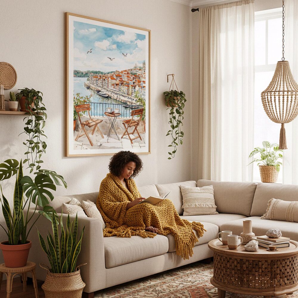 03 - Framed Morning Coffee in Porto Watercolor Art Print - In Bohi Living Room with Woman reading - Vertical.jpg 03 - Framed Morning Coffee in Porto Watercolor Art Print - In Bohi Living Room with Woman reading - Vertical.jpg