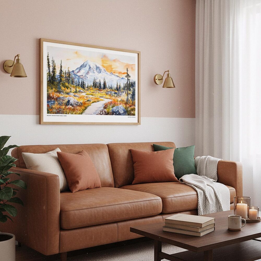 03 - Framed Mount Rainier National Park Watercolor - Horizontal Art Print hanging in Boho Living Room.jpg 03 - Framed Mount Rainier National Park Watercolor - Horizontal Art Print hanging in Boho Living Room.jpg