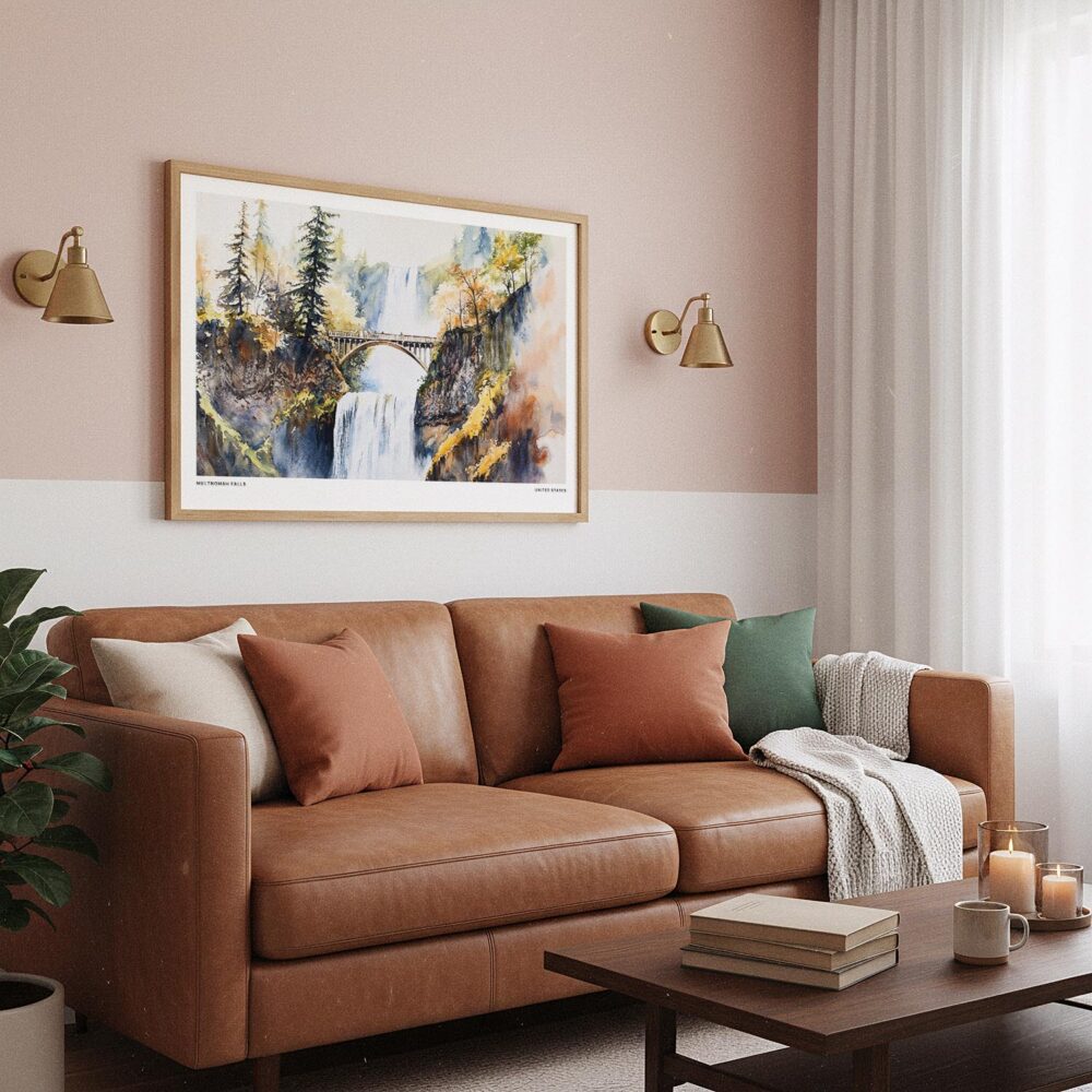 03 - Framed Multnomah Falls Watercolor - Horizontal Art Print hanging in Boho Living Room.jpg 03 - Framed Multnomah Falls Watercolor - Horizontal Art Print hanging in Boho Living Room.jpg