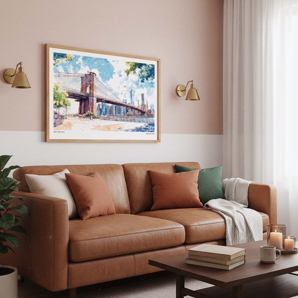 03 - Framed NYC Brooklyn Bridge Watercolor Art - Horizontal Art Print hanging in Boho Living Room - Horizontal.jpg 03 - Framed NYC Brooklyn Bridge Watercolor Art - Horizontal Art Print hanging in Boho Living Room - Horizontal.jpg