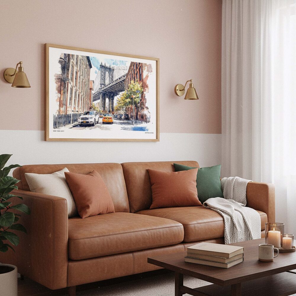 03 - Framed NYC Manhattan Bridge Watercolor Art - Horizontal Art Print hanging in Boho Living Room - Horizontal.jpg 03 - Framed NYC Manhattan Bridge Watercolor Art - Horizontal Art Print hanging in Boho Living Room - Horizontal.jpg