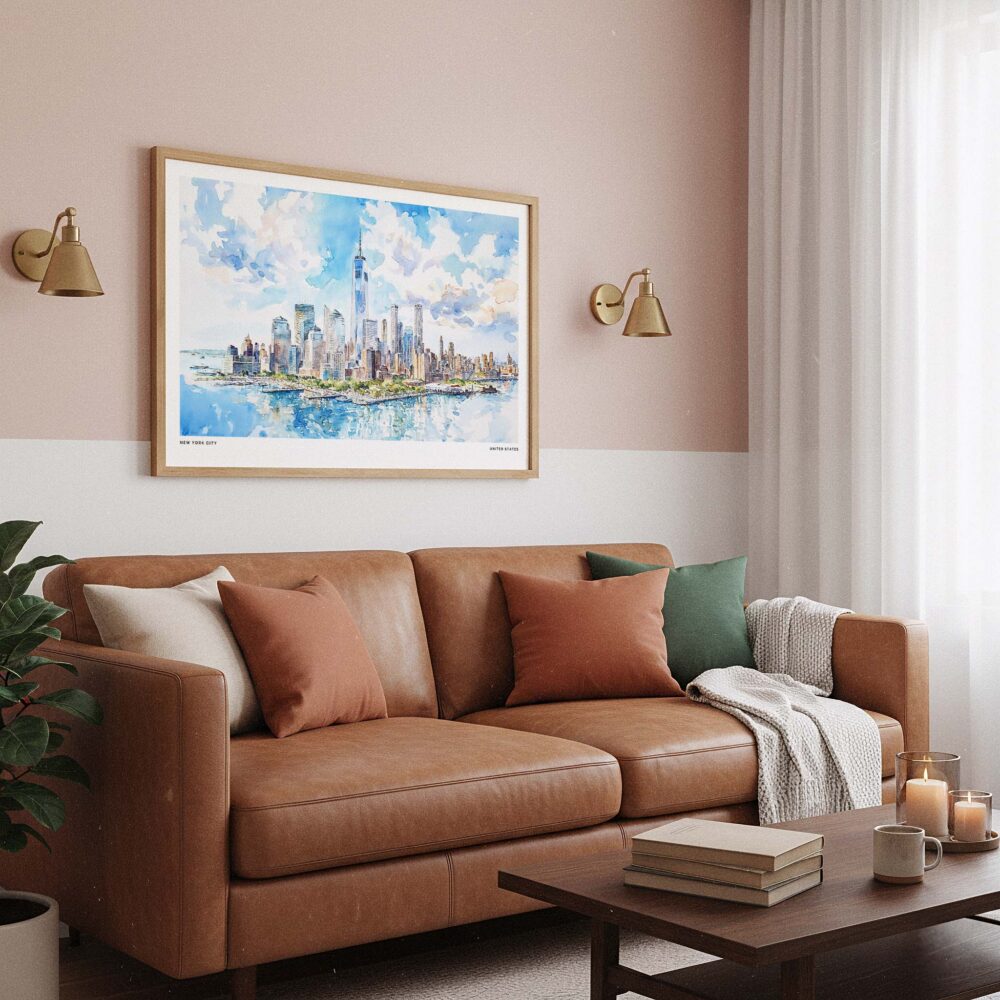 03 - Framed New York City Skyline Watercolor Art - Horizontal Art Print hanging in Boho Living Room - Horizontal.jpg 03 - Framed New York City Skyline Watercolor Art - Horizontal Art Print hanging in Boho Living Room - Horizontal.jpg