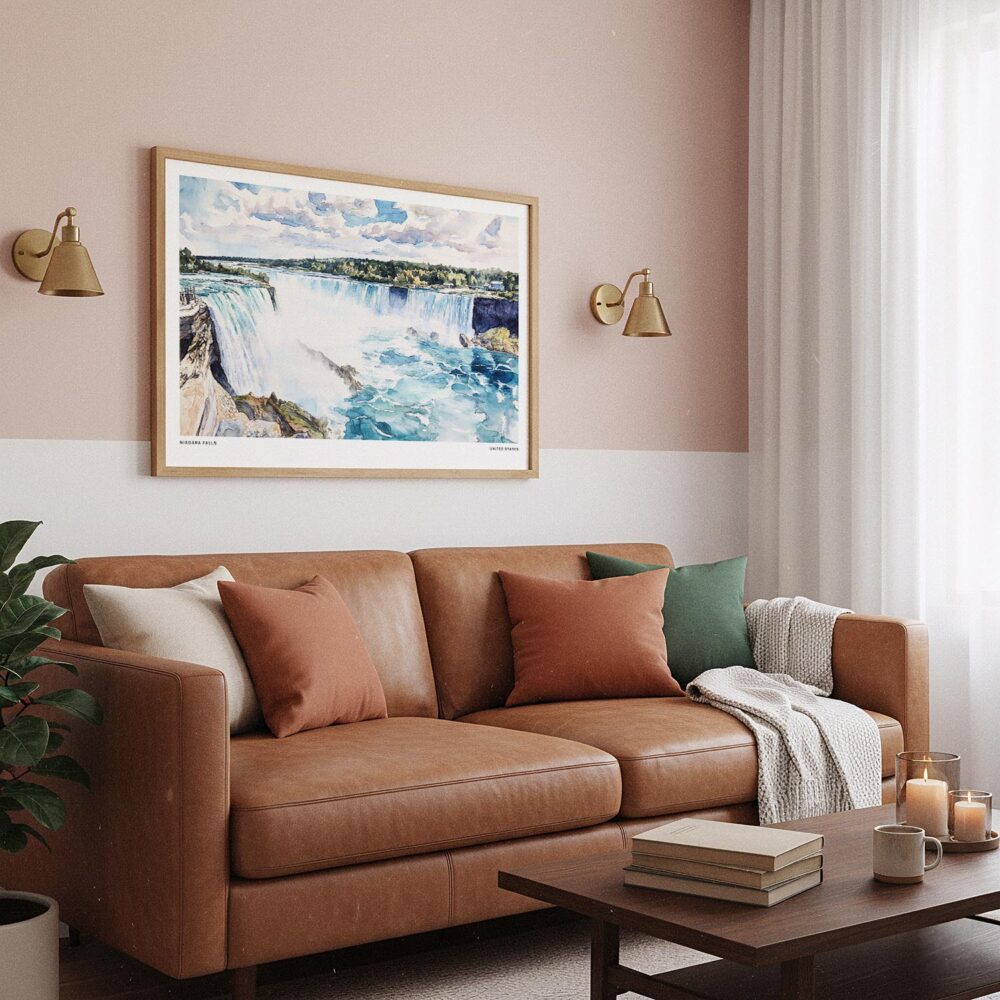 03 - Framed Niagara Falls Watercolor - Horizontal Art Print hanging in Boho Living Room.jpg 03 - Framed Niagara Falls Watercolor - Horizontal Art Print hanging in Boho Living Room.jpg