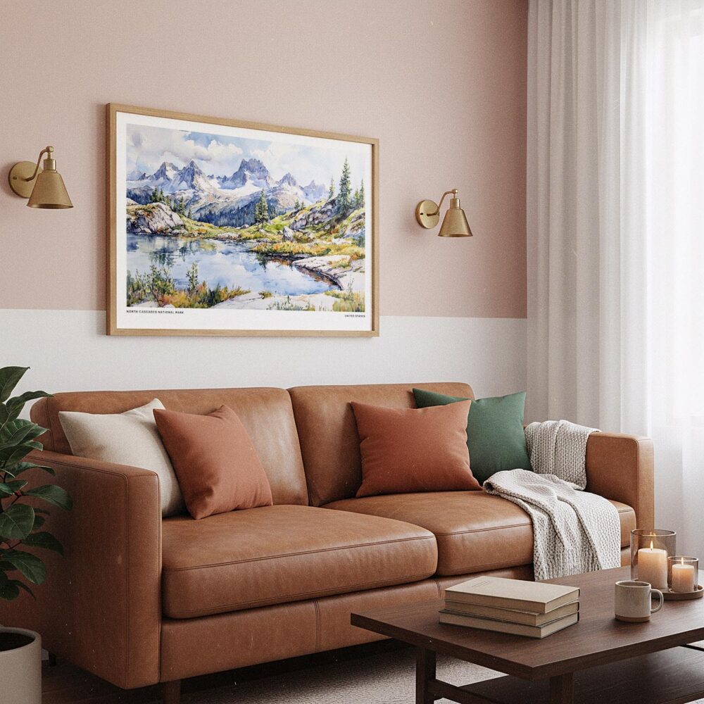 03 - Framed North Cascades National Park Watercolor - Horizontal Art Print hanging in Boho Living Room.jpg 03 - Framed North Cascades National Park Watercolor - Horizontal Art Print hanging in Boho Living Room.jpg