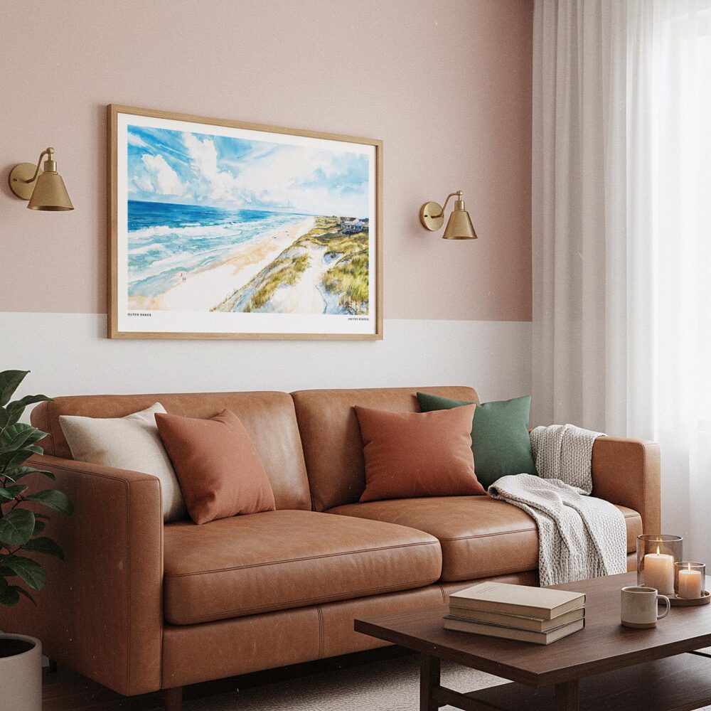 03 - Framed Outer Banks NC Watercolor - Horizontal Art Print hanging in Boho Living Room.jpg 03 - Framed Outer Banks NC Watercolor - Horizontal Art Print hanging in Boho Living Room.jpg