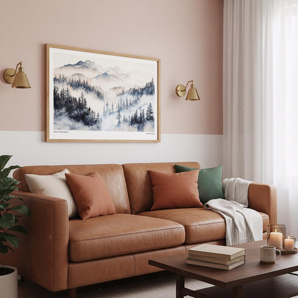 03 - Framed Pacific Northwest Watercolor - Horizontal Art Print hanging in Boho Living Room.jpg 03 - Framed Pacific Northwest Watercolor - Horizontal Art Print hanging in Boho Living Room.jpg