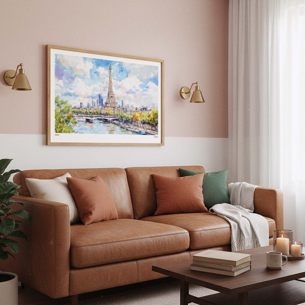 03 - Framed Paris Eiffel Tower Watercolor Art - Horizontal Art Print hanging in Boho Living Room - Horizontal.jpg 03 - Framed Paris Eiffel Tower Watercolor Art - Horizontal Art Print hanging in Boho Living Room - Horizontal.jpg