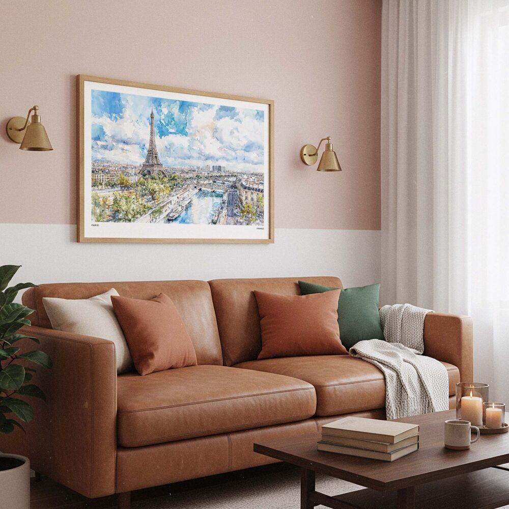 03 - Framed Paris Skyline Watercolor Art - Horizontal Art Print hanging in Boho Living Room - Horizontal.jpg 03 - Framed Paris Skyline Watercolor Art - Horizontal Art Print hanging in Boho Living Room - Horizontal.jpg