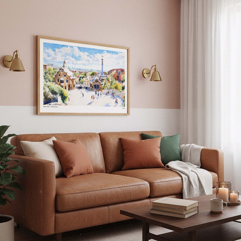 03 - Framed Park Guell Spain Watercolor Art - Horizontal Art Print hanging in Boho Living Room.jpg 03 - Framed Park Guell Spain Watercolor Art - Horizontal Art Print hanging in Boho Living Room.jpg