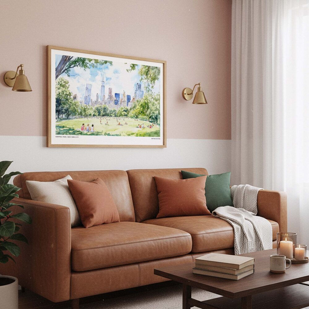 03 - Framed Picnic in Central Park New York Watercolor Art - Horizontal Art Print hanging in Boho Living Room - Horizontal.jpg 03 - Framed Picnic in Central Park New York Watercolor Art - Horizontal Art Print hanging in Boho Living Room - Horizontal.jpg