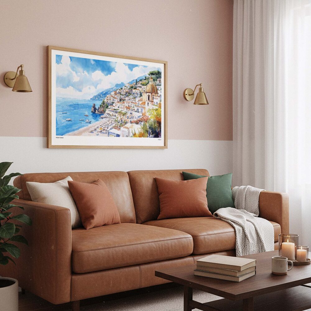 03 - Framed Positano Italy Watercolor Art - Horizontal Art Print hanging in Boho Living Room.jpg 03 - Framed Positano Italy Watercolor Art - Horizontal Art Print hanging in Boho Living Room.jpg