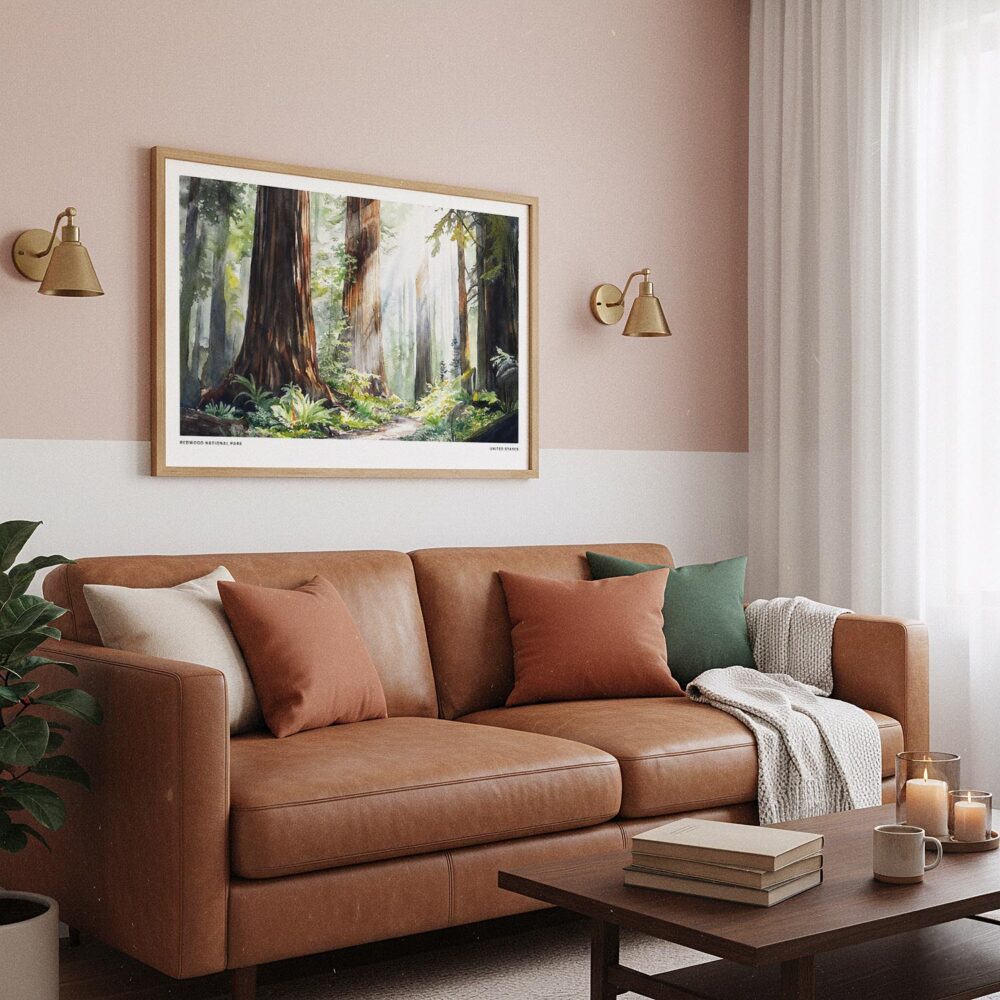 03 - Framed Redwood National Park Watercolor - Horizontal Art Print hanging in Boho Living Room.jpg 03 - Framed Redwood National Park Watercolor - Horizontal Art Print hanging in Boho Living Room.jpg