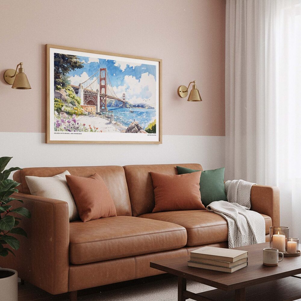 03 - Framed San Francisco Golden Gate Bridge Watercolor Art - Horizontal Art Print hanging in Boho Living Room.jpg 03 - Framed San Francisco Golden Gate Bridge Watercolor Art - Horizontal Art Print hanging in Boho Living Room.jpg