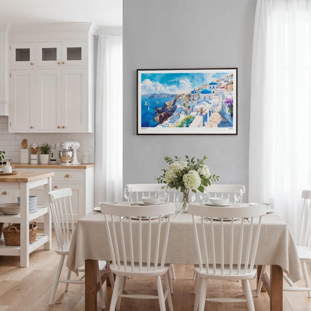 03 - Framed Santorini Blue Dome Church Watercolor Art - Horizontal Canvas Print - Coastal Kitchen.jpg 03 - Framed Santorini Blue Dome Church Watercolor Art - Horizontal Canvas Print - Coastal Kitchen.jpg