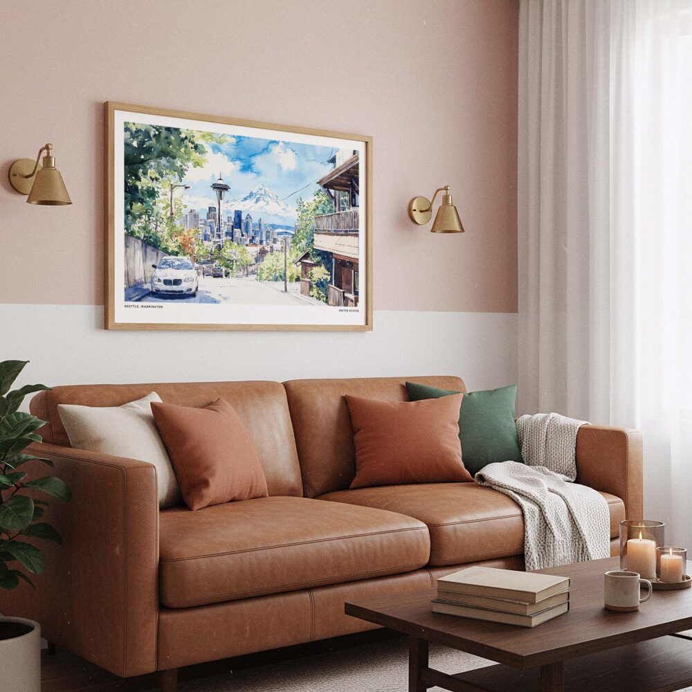 03 - Framed Seattle Skyline Watercolor Art - Horizontal Art Print hanging in Boho Living Room - Horizontal.jpg 03 - Framed Seattle Skyline Watercolor Art - Horizontal Art Print hanging in Boho Living Room - Horizontal.jpg