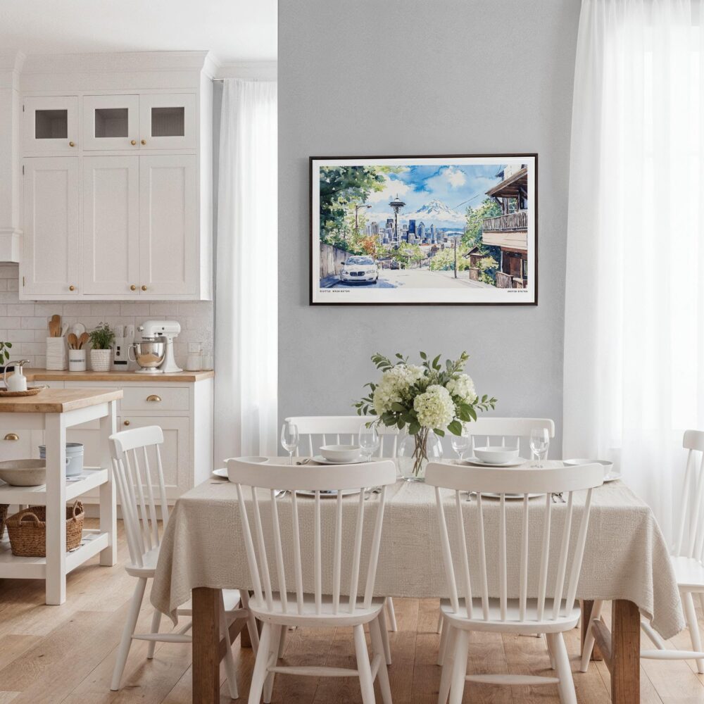 03 - Framed Seattle Skyline Watercolor Art - Horizontal Canvas Print - Coastal Kitchen.jpg 03 - Framed Seattle Skyline Watercolor Art - Horizontal Canvas Print - Coastal Kitchen.jpg