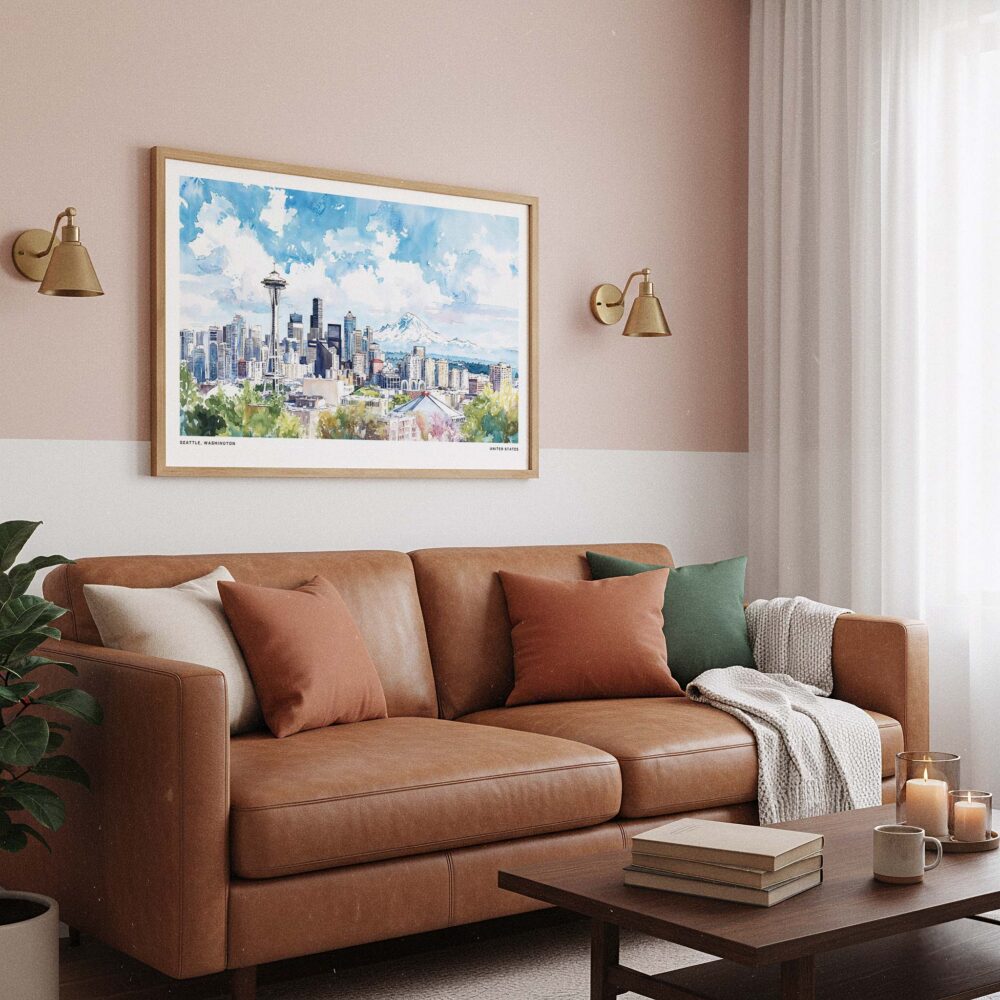 03 - Framed Seattle Skyline with Mount Rainier Watercolor Art - Horizontal Art Print hanging in Boho Living Room - Horizontal.jpg 03 - Framed Seattle Skyline with Mount Rainier Watercolor Art - Horizontal Art Print hanging in Boho Living Room - Horizontal.jpg