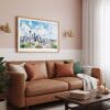 03 - Framed Seattle Skyline with Mount Rainier Watercolor Art - Horizontal Art Print hanging in Boho Living Room - Horizontal.jpg