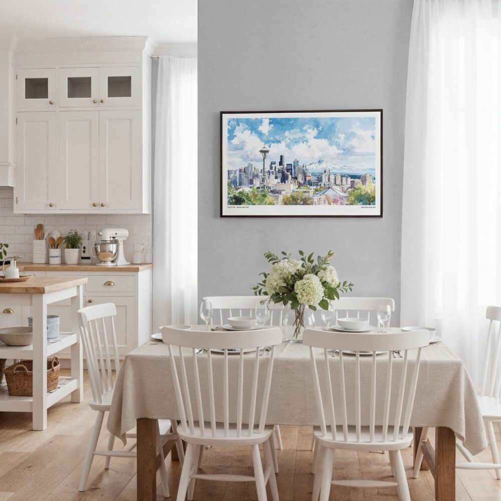 03 - Framed Seattle Skyline with Mount Rainier Watercolor Art - Horizontal Canvas Print - Coastal Kitchen.jpg 03 - Framed Seattle Skyline with Mount Rainier Watercolor Art - Horizontal Canvas Print - Coastal Kitchen.jpg