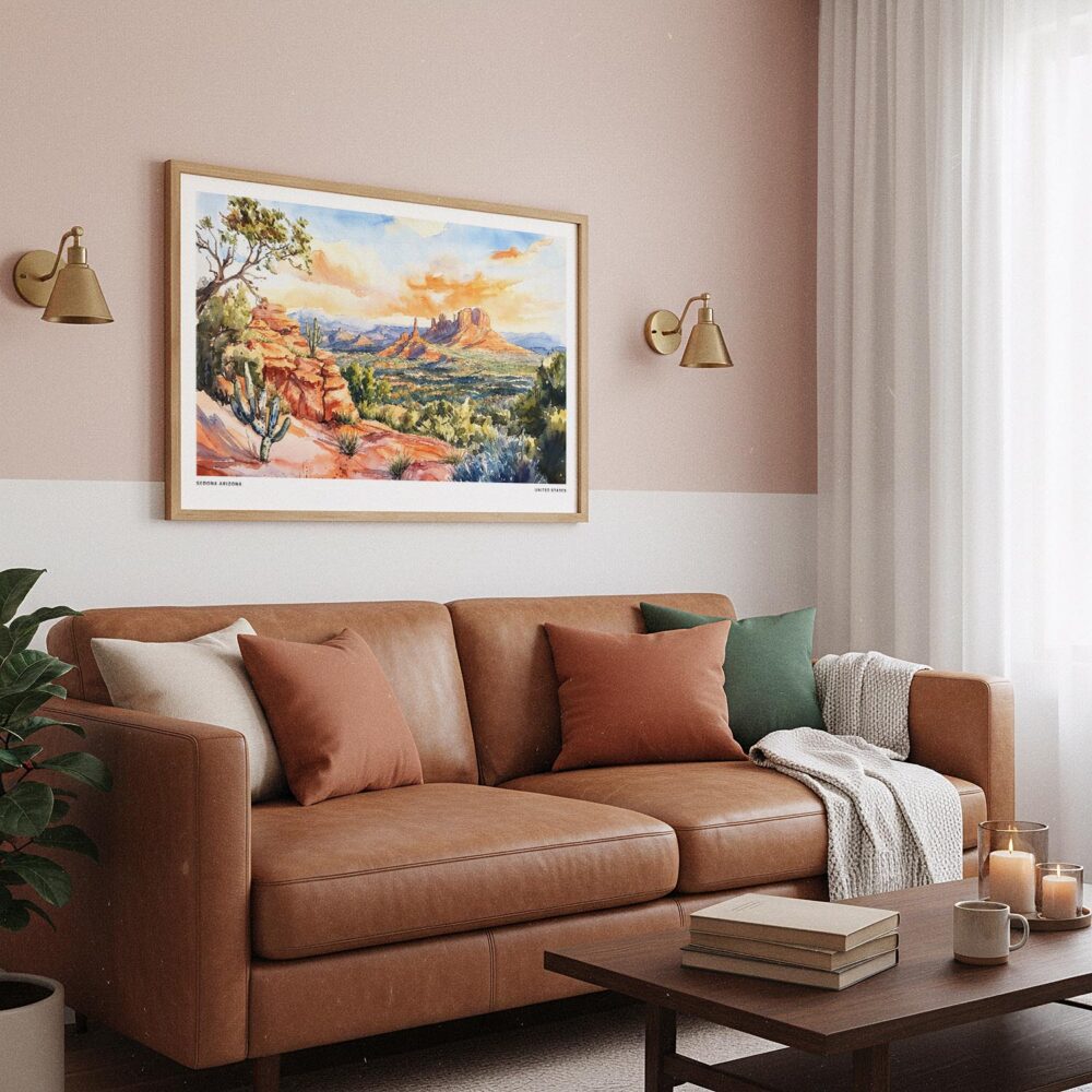 03 - Framed Sedona AZ Watercolor - Horizontal Art Print hanging in Boho Living Room.jpg 03 - Framed Sedona AZ Watercolor - Horizontal Art Print hanging in Boho Living Room.jpg