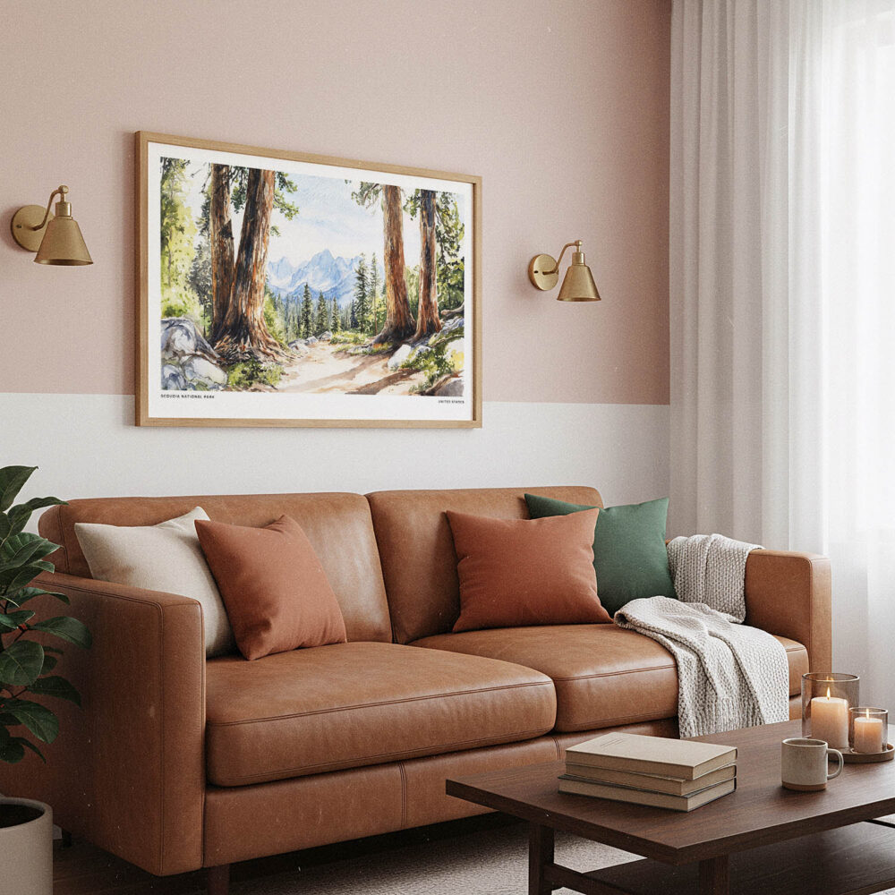 03 - Framed Sequoia National Park Watercolor - Horizontal Art Print hanging in Boho Living Room.jpg 03 - Framed Sequoia National Park Watercolor - Horizontal Art Print hanging in Boho Living Room.jpg