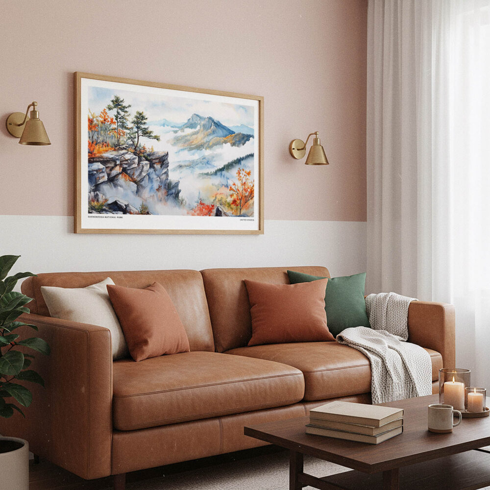 03 - Framed Shenandoah National Park Watercolor - Horizontal Art Print hanging in Boho Living Room.jpg 03 - Framed Shenandoah National Park Watercolor - Horizontal Art Print hanging in Boho Living Room.jpg