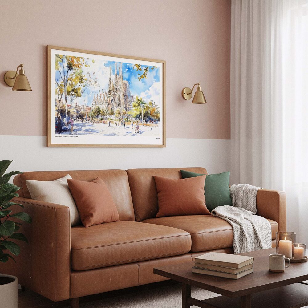 03 - Framed Spain Sagrada Familia Watercolor Art - Horizontal Art Print hanging in Boho Living Room - Horizontal.jpg 03 - Framed Spain Sagrada Familia Watercolor Art - Horizontal Art Print hanging in Boho Living Room - Horizontal.jpg