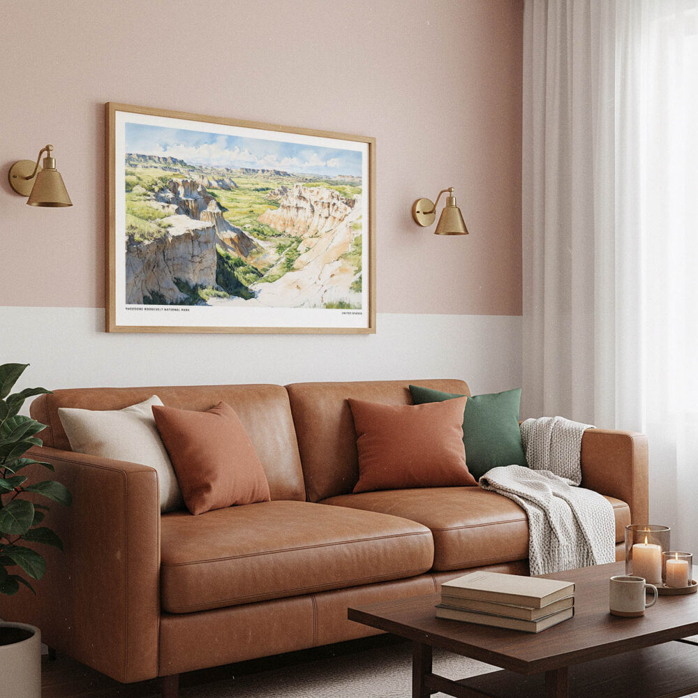 03 - Framed Theodore Roosevelt National Park Watercolor - Horizontal Art Print hanging in Boho Living Room.jpg 03 - Framed Theodore Roosevelt National Park Watercolor - Horizontal Art Print hanging in Boho Living Room.jpg