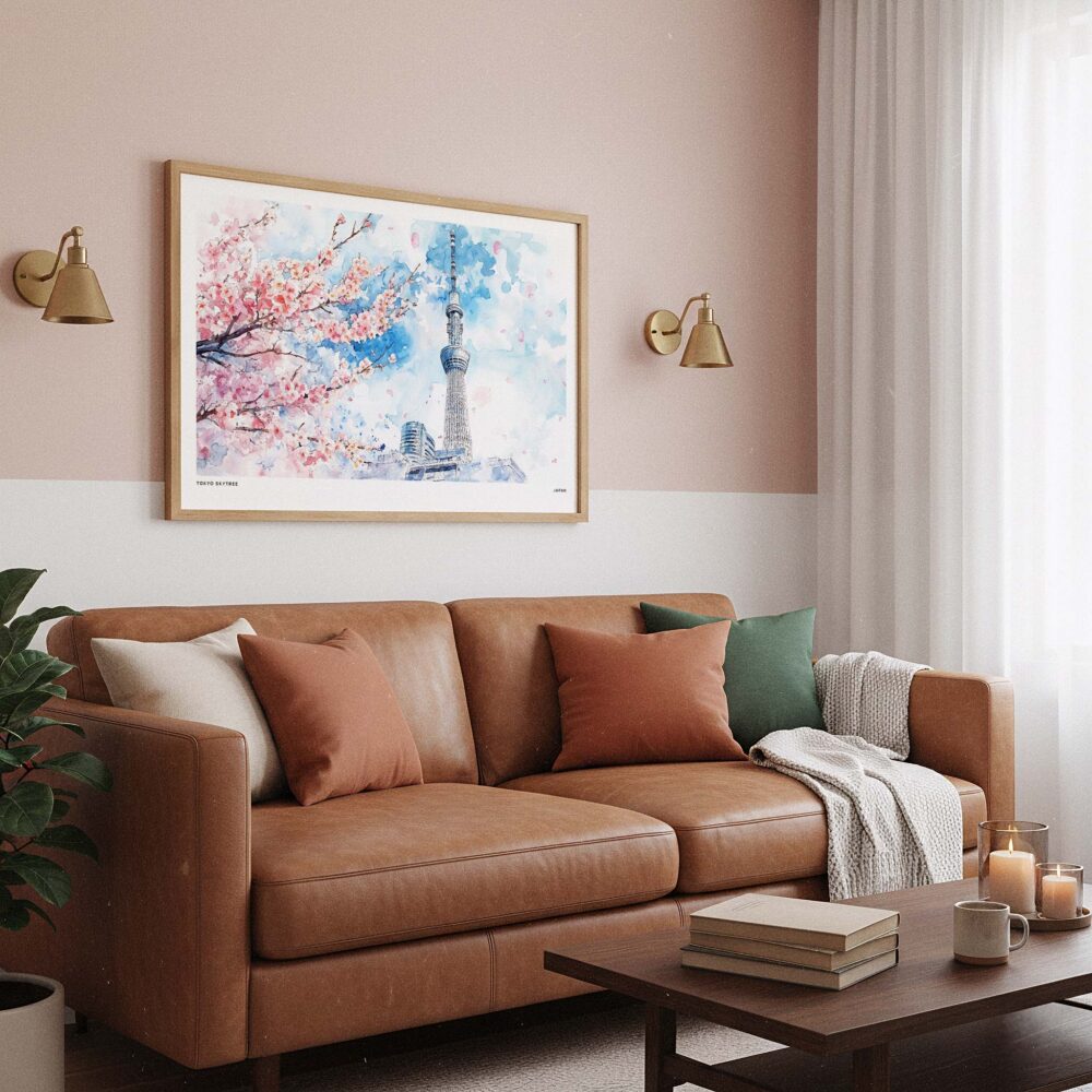 03 - Framed Tokyo Skytree During Sakura Season Watercolor Art - Horizontal Art Print hanging in Boho Living Room.jpg 03 - Framed Tokyo Skytree During Sakura Season Watercolor Art - Horizontal Art Print hanging in Boho Living Room.jpg