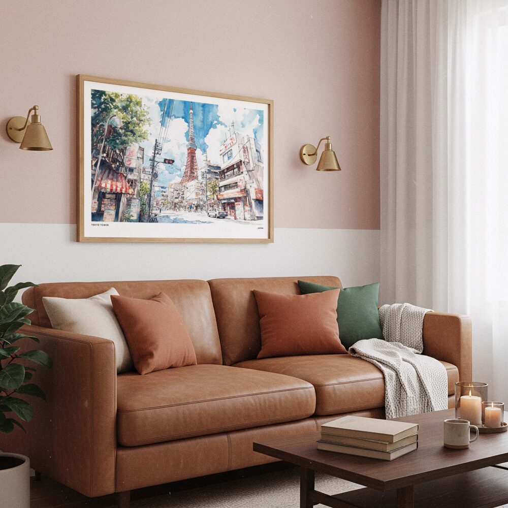 03 - Framed Tokyo Tower Watercolor Art - Horizontal Art Print hanging in Boho Living Room.jpg 03 - Framed Tokyo Tower Watercolor Art - Horizontal Art Print hanging in Boho Living Room.jpg