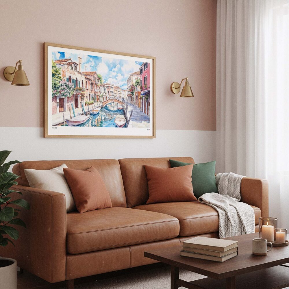 03 - Framed Venice Italy Canals Watercolor Art - Horizontal Art Print hanging in Boho Living Room.jpg 03 - Framed Venice Italy Canals Watercolor Art - Horizontal Art Print hanging in Boho Living Room.jpg