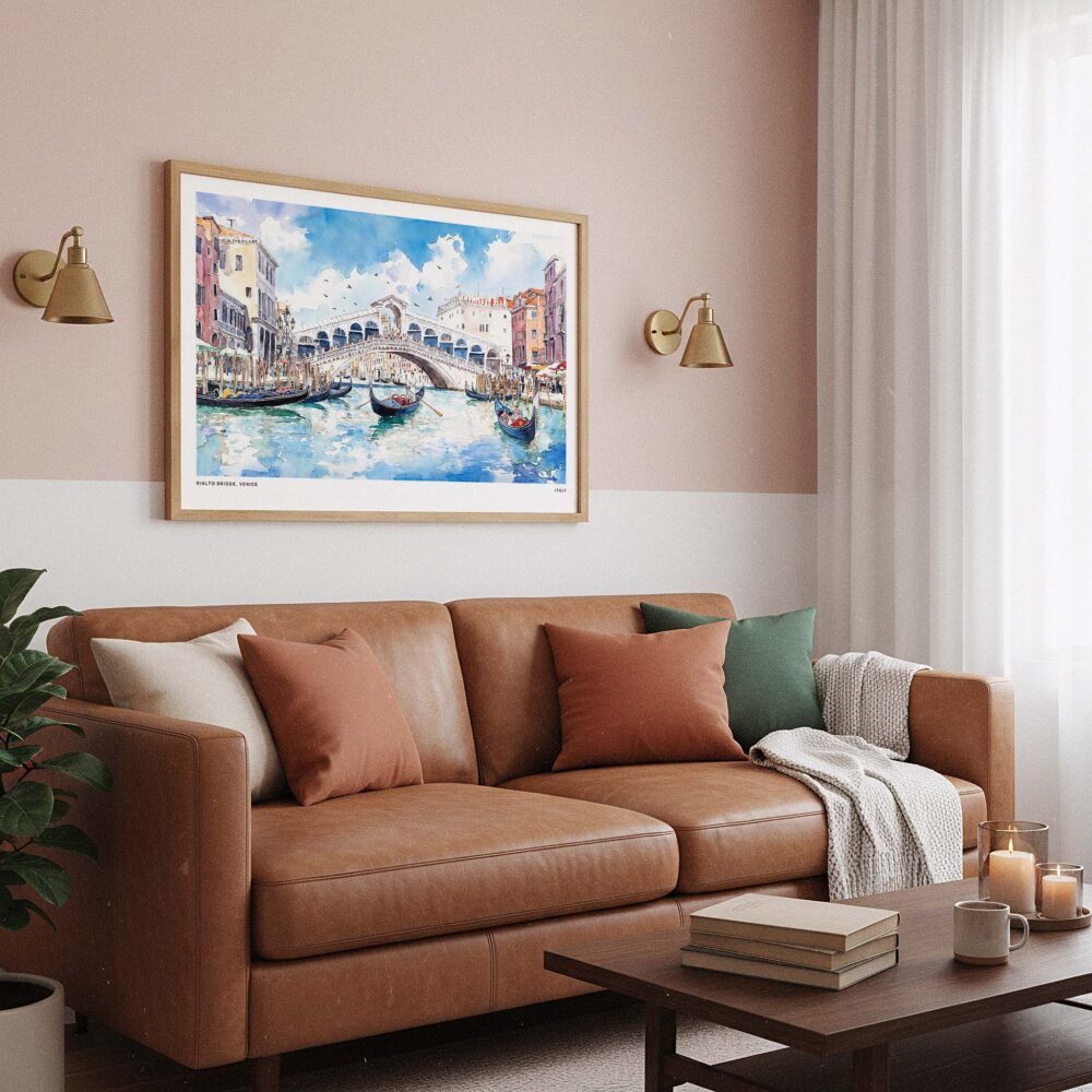 03 - Framed Venice Italy Rialto Bridge Watercolor Art - Horizontal Art Print hanging in Boho Living Room.jpg 03 - Framed Venice Italy Rialto Bridge Watercolor Art - Horizontal Art Print hanging in Boho Living Room.jpg