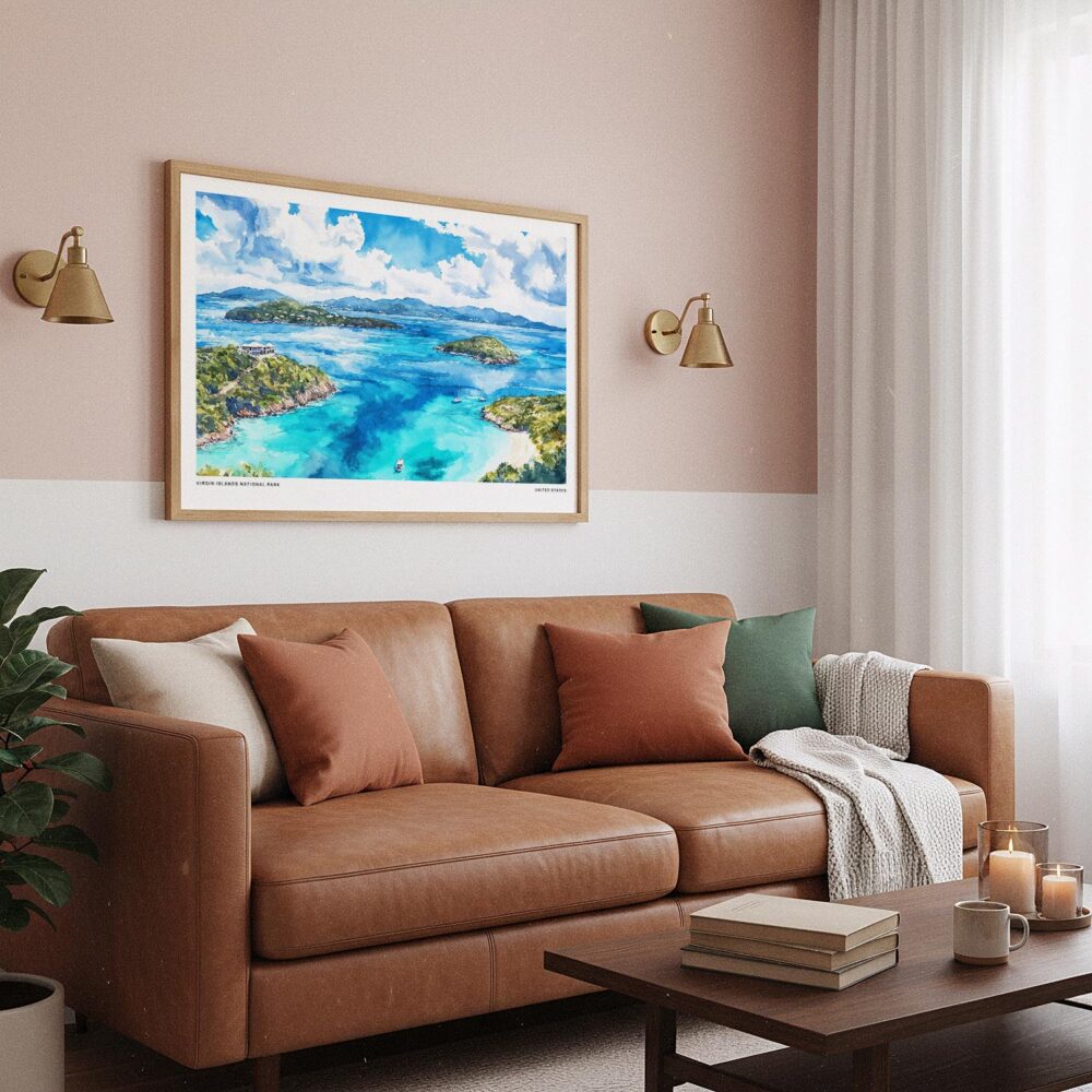 03 - Framed Virgin Islands National Park Watercolor - Horizontal Art Print hanging in Boho Living Room.jpg 03 - Framed Virgin Islands National Park Watercolor - Horizontal Art Print hanging in Boho Living Room.jpg