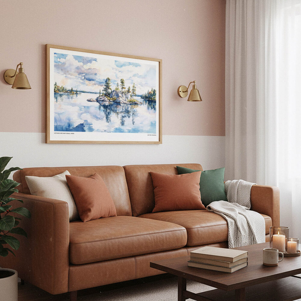 03 - Framed Voyageurs National Park Watercolor - Horizontal Art Print hanging in Boho Living Room.jpg 03 - Framed Voyageurs National Park Watercolor - Horizontal Art Print hanging in Boho Living Room.jpg