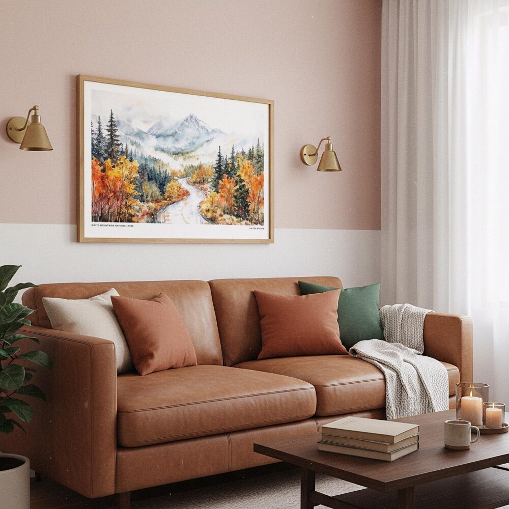 03 - Framed White Mountains National Park Watercolor - Horizontal Art Print hanging in Boho Living Room.jpg 03 - Framed White Mountains National Park Watercolor - Horizontal Art Print hanging in Boho Living Room.jpg