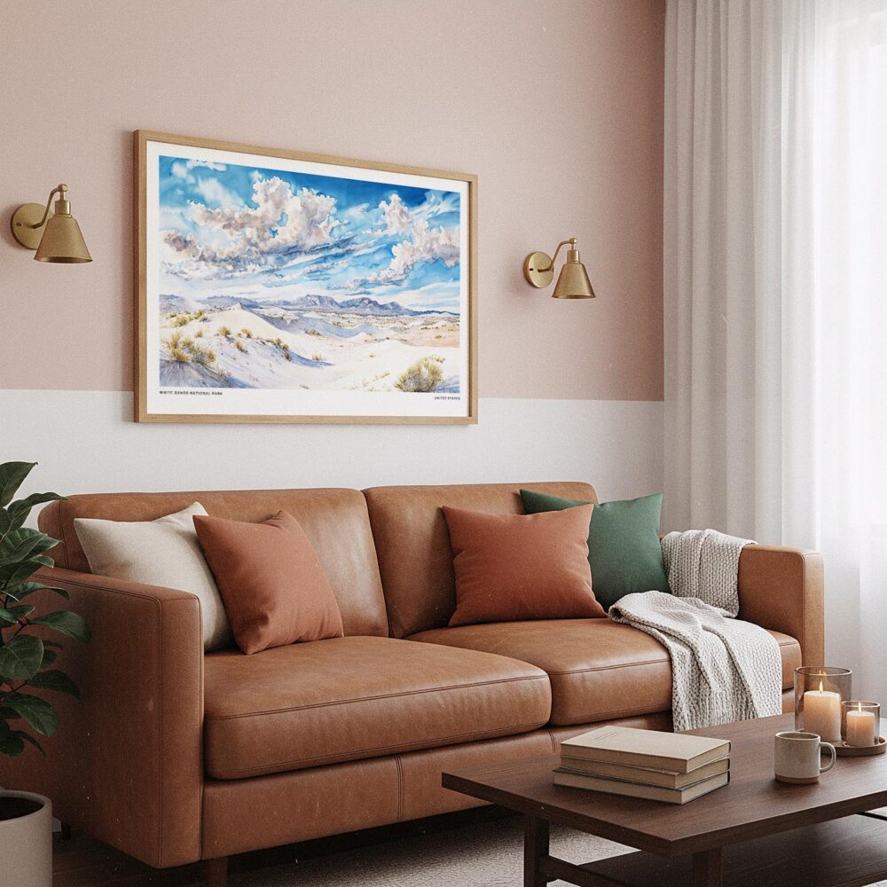 03 - Framed White Sands National Park Watercolor - Horizontal Art Print hanging in Boho Living Room.jpg 03 - Framed White Sands National Park Watercolor - Horizontal Art Print hanging in Boho Living Room.jpg