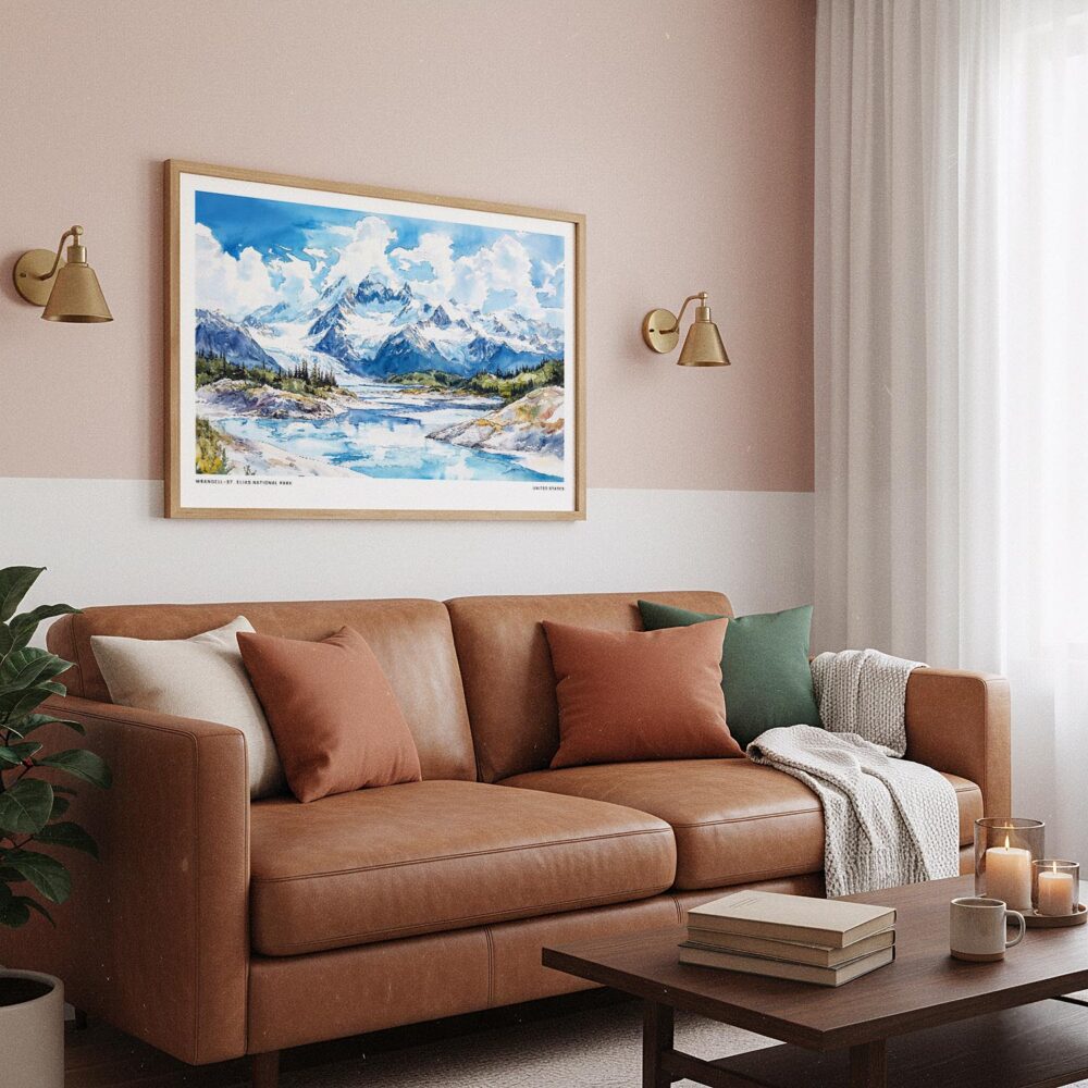03 - Framed Wrangell–St. Elias National Park Watercolor - Horizontal Art Print hanging in Boho Living Room.jpg 03 - Framed Wrangell–St. Elias National Park Watercolor - Horizontal Art Print hanging in Boho Living Room.jpg