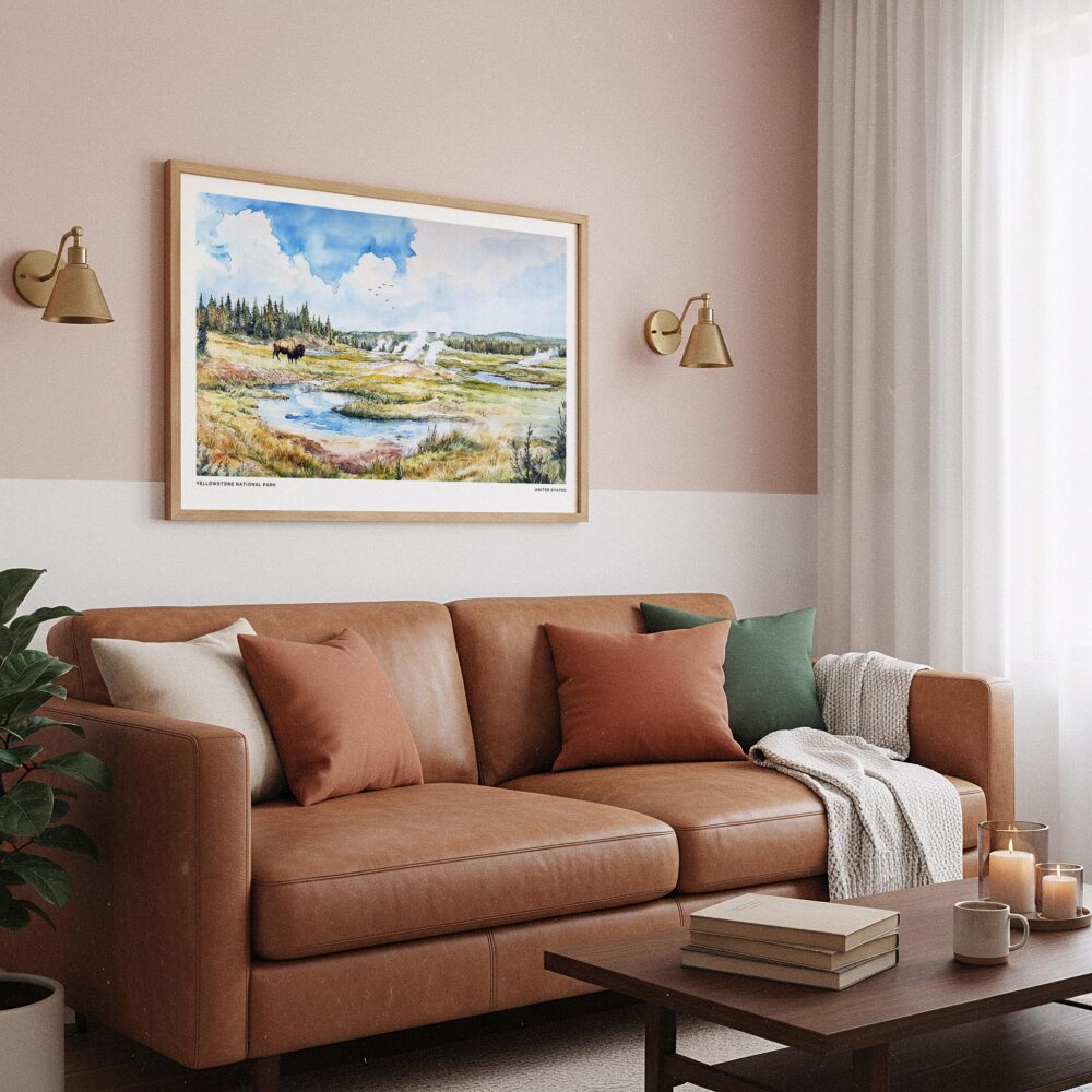 03 - Framed Yellowstone National Park Watercolor - Horizontal Art Print hanging in Boho Living Room.jpg 03 - Framed Yellowstone National Park Watercolor - Horizontal Art Print hanging in Boho Living Room.jpg