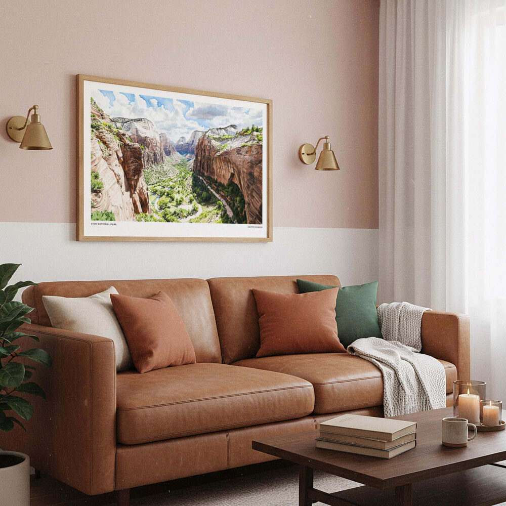 03 - Framed Zion National Park Watercolor - Horizontal Art Print hanging in Boho Living Room.jpg 03 - Framed Zion National Park Watercolor - Horizontal Art Print hanging in Boho Living Room.jpg