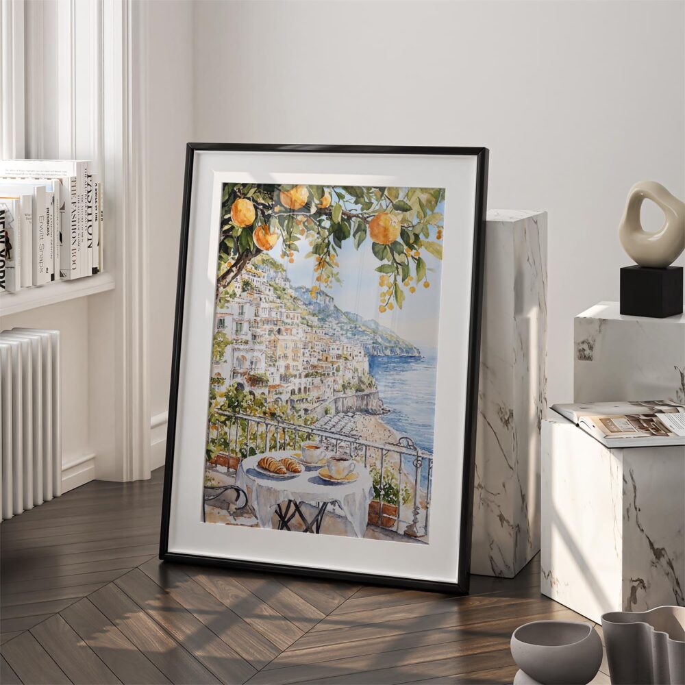 03 - Morning Coffee in Amalfi Coast Watercolor Art - Digital Download - Frame Standing on floor.jpg 03 - Morning Coffee in Amalfi Coast Watercolor Art - Digital Download - Frame Standing on floor.jpg